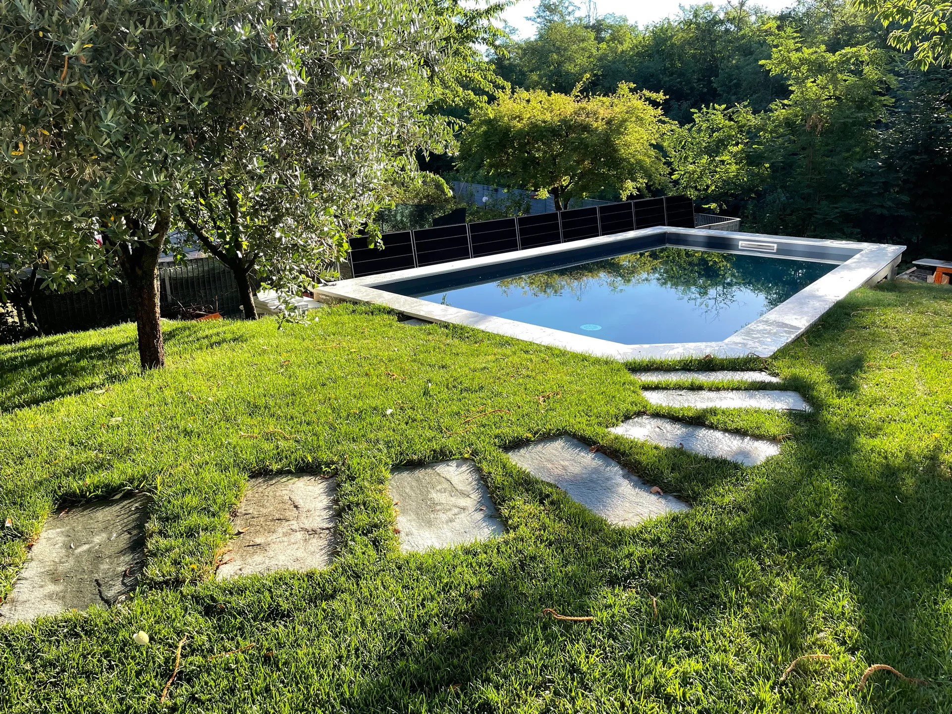 Una piscina rettangolare tra ulivi, prato e un percorso in pietra, realizzata da Piscine Lombardia